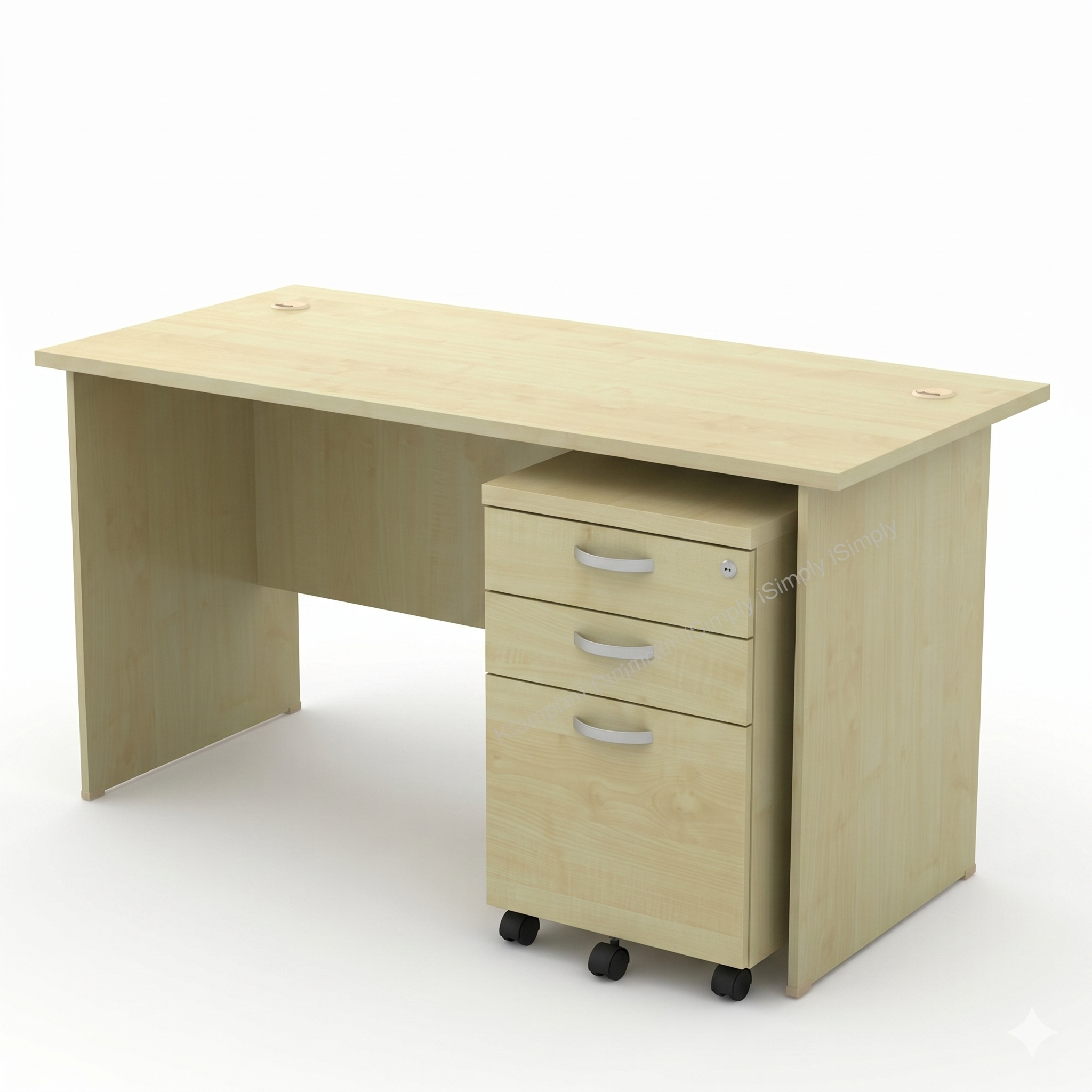 Modern office room setting featuring a 1.5m Full Maple rectangular desk with a 2 drawers and 1 filing mobile pedestal.