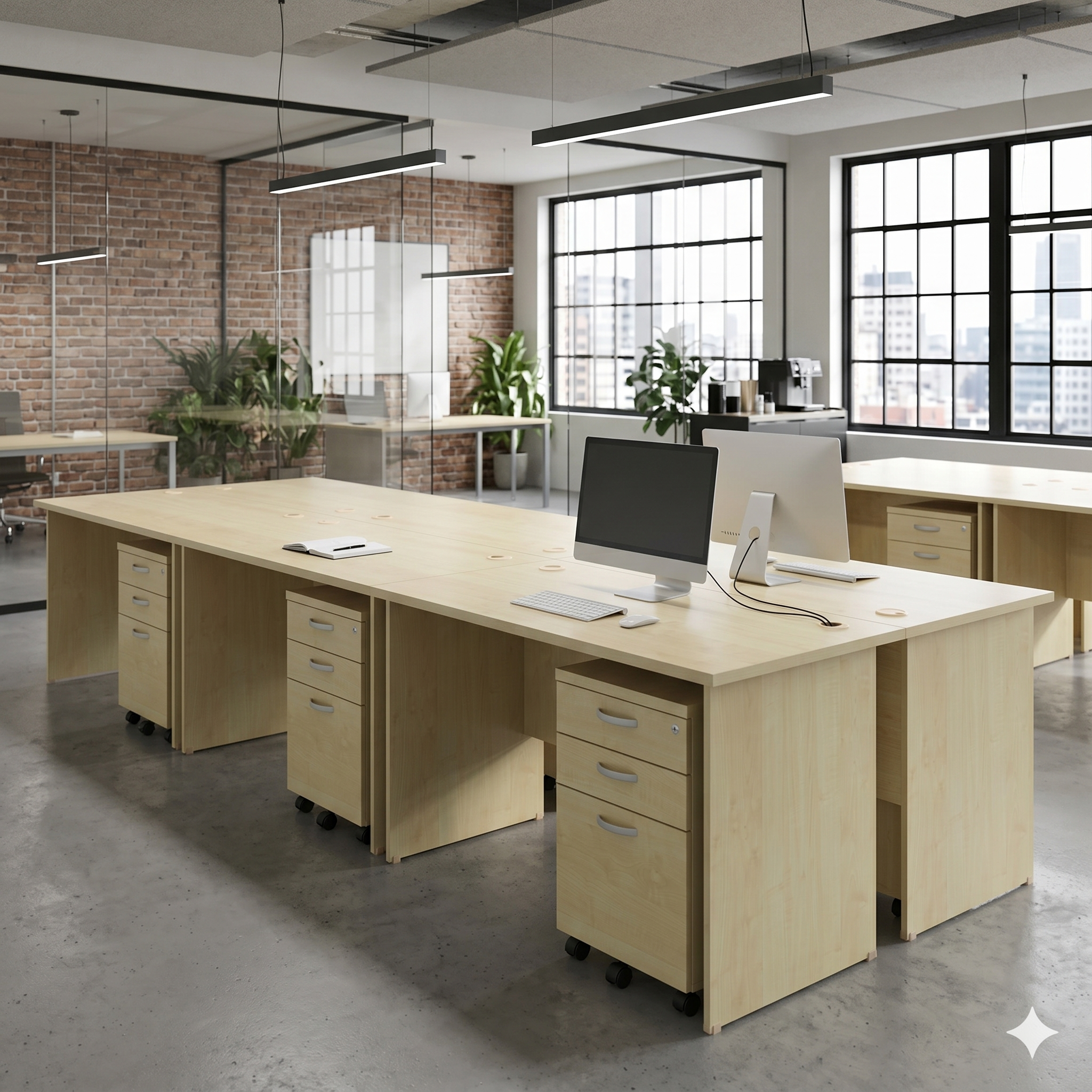 Modern corporate office layout featuring a 6-seater cluster configuration using 1.5m Full Maple rectangular desks.