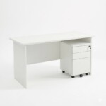 Front and partial side view of a spacious 1.5m modern white rectangular office desk, featuring a scratch-resistant worktop and a matching 02 drawers & 01 filing mobile pedestal stored underneath.
