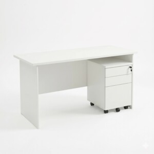 Front and partial side view of a spacious 1.5m modern white rectangular office desk, featuring a scratch-resistant worktop and a matching 02 drawers & 01 filing mobile pedestal stored underneath.