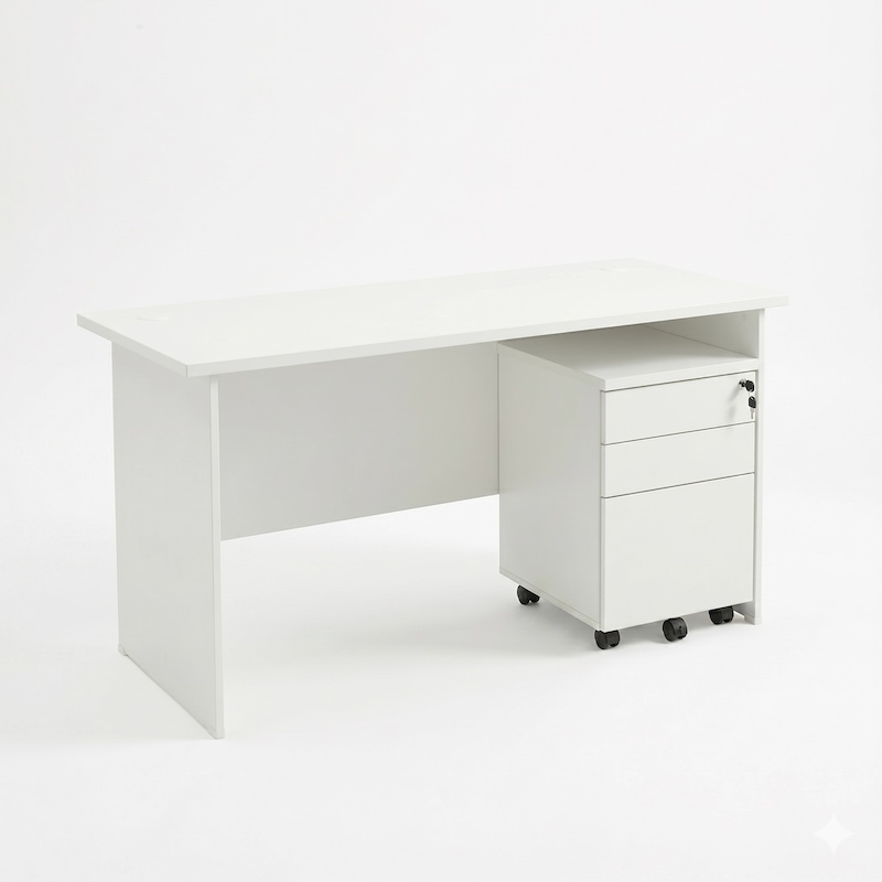 Front and partial side view of a spacious 1.5m modern white rectangular office desk, featuring a scratch-resistant worktop and a matching 02 drawers & 01 filing mobile pedestal stored underneath.