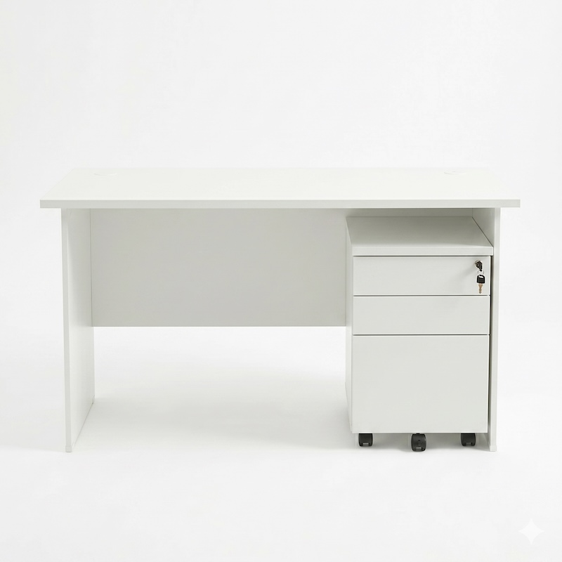 Straight-on front view of the spacious 1.5m white rectangular office desk, highlighting the clean front modesty panel and the included 3-drawer mobile pedestal stored underneath.