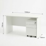 Schematic showing the dimensions of the 1.5m white office desk. Measurements indicate 1500mm in length, 700mm in depth, and 750mm in height.