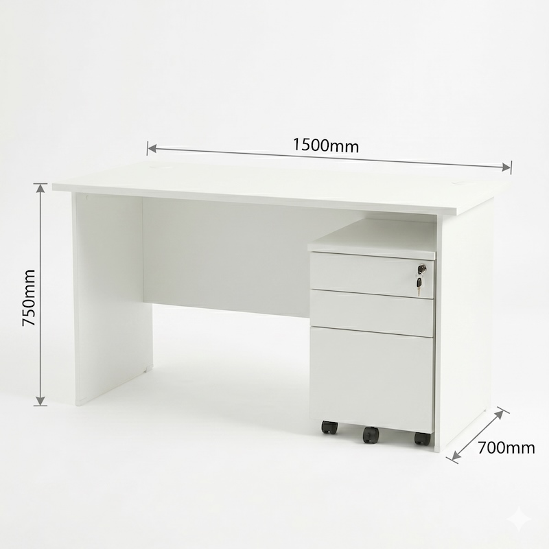 Schematic showing the dimensions of the 1.5m white office desk. Measurements indicate 1500mm in length, 700mm in depth, and 750mm in height.