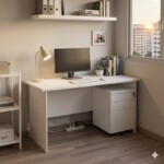 An AI-generated visualisation of a modern home study room featuring the 1.5m white rectangular office desk set, styled with a laptop and lamp, showcasing its spacious work surface and the mobile pedestal neatly underneath.