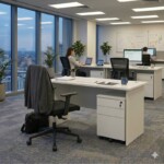 An AI-generated visualisation of a professional corporate office environment featuring the 1.5m white rectangular office desk set, styled with two monitors and a keyboard, showing the mobile pedestal tucked neatly underneath.