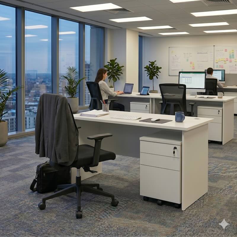An AI-generated visualisation of a professional corporate office environment featuring the 1.5m white rectangular office desk set, styled with two monitors and a keyboard, showing the mobile pedestal tucked neatly underneath.