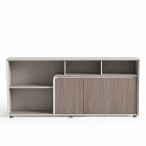 A front-facing view of a modern 1800mm wide cabinet featuring a mix of open shelving on the left and three wood-grain textured doors on the right. The image includes black dimension lines indicating a width of 1800mm, a depth of 400mm, and a height of 850mm.