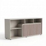 A perspective view of a modern credenza showing both the front and the left side. The unit features open shelving on the left and natural wood-grain doors on the right. The beige frame is visible along the side, highlighting the cabinet's 400mm depth.