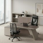 A wide-angle view of a modern office interior. The 1800mm wide beige and wood cabinet is positioned against the wall, complemented by a matching minimalist desk set and ergonomic office chairs. The scene demonstrates a cohesive workspace layout with consistent neutral tones.