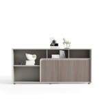 Styled front view of a large office credenza. Features light wood door panels and a neutral frame. The open shelving is styled with office accessories and decor, highlighting the versatile storage options of the 1800mm x 400mm x 850mm unit.