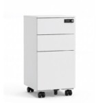 Front-side view of an iSimply 300mm narrow white steel mobile pedestal featuring a 4-digit combination number lock, three drawers, and five black castors on a plain white background.