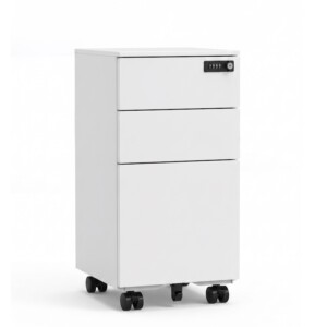 Front-side view of an iSimply 300mm narrow white steel mobile pedestal featuring a 4-digit combination number lock, three drawers, and five black castors on a plain white background.