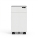 Direct front view of the iSimply 300mm narrow white steel pedestal, highlighting the slim vertical profile, 4-digit combination number lock, and three-drawer alignment on a white background.