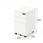 Technical dimension diagram of the iSimply 300mm narrow white steel pedestal, indicating a slim 300mm width, 500mm depth, and 600mm height on a white background.