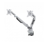 Two-screen adjustable monitor mount in white with black accent joints, displayed against a white background.