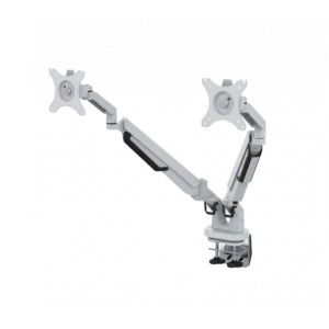 Two-screen adjustable monitor mount in white with black accent joints, displayed against a white background.