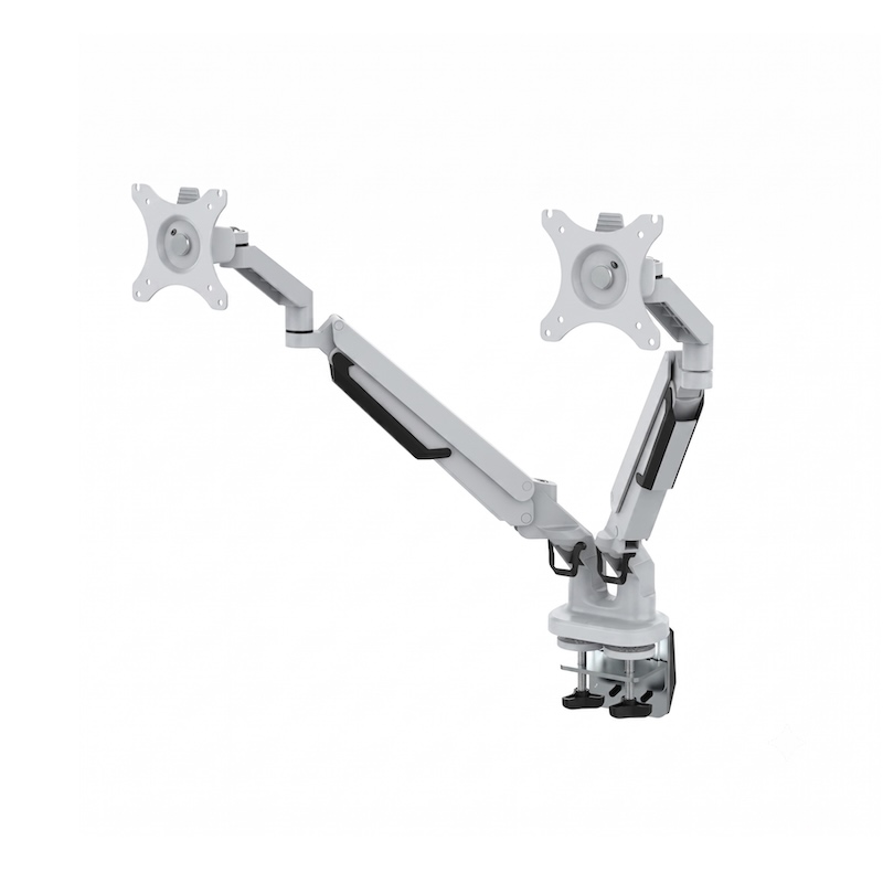 Two-screen adjustable monitor mount in white with black accent joints, displayed against a white background.