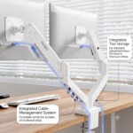 A detailed view of the white FlexiSpot F5D-W dual monitor arm, showcasing the built-in cable management clips keeping wires neatly routed along the structure, and an integrated storage slot holding Allen wrenches for easy access.