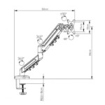 Technical diagram of the FlexiSpot single monitor arm showing exact dimensions, including maximum height adjustability, arm extension length, and VESA plate measurements.