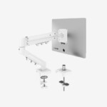 Close-up of the FlexiSpot single monitor arm base demonstrating two secure desktop installation methods: a sturdy edge C-clamp and a low-profile grommet mount.