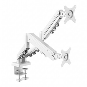 A sleek white FlexiSpot F5D-W dual monitor arm mounted on a desk, securely holding two flat-screen monitors at ergonomic eye level with neatly managed cables.
