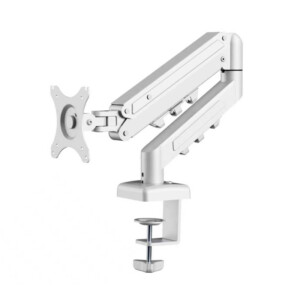 A sleek FlexiSpot single monitor arm attached to a clean desk, holding a computer monitor at eye level to demonstrate an ergonomic workstation setup.
