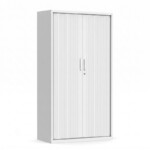 Front and side view of a 1980mm high light grey tambour door steel office cabinet with closed roller doors and central lock