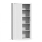 Interior view of the high 1980mm light grey steel tambour office cabinet with the left door open, revealing four adjustable shelves evenly spaced
