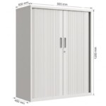 Dimensional diagram of the mid height 1200mm light grey tambour door steel office cabinet, displaying a width of 900mm, a depth of 450mm, and a height of 1200mm