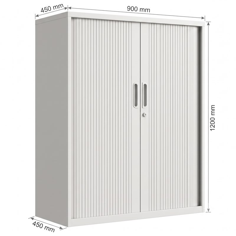 Dimensional diagram of the mid height 1200mm light grey tambour door steel office cabinet, displaying a width of 900mm, a depth of 450mm, and a height of 1200mm