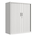 Front and side view of a mid height 1200mm light grey tambour door steel office cabinet with closed roller doors and central lock