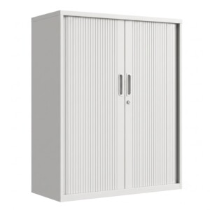 Front and side view of a mid height 1200mm light grey tambour door steel office cabinet with closed roller doors and central lock
