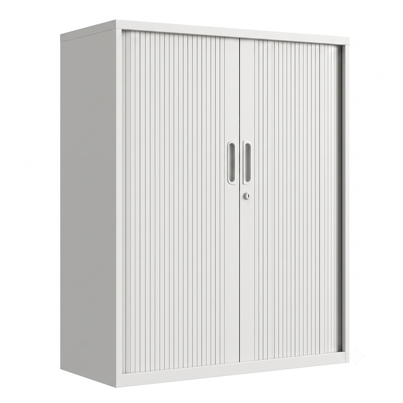 Front and side view of a mid height 1200mm light grey tambour door steel office cabinet with closed roller doors and central lock