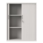 Interior view of a mid height 1200mm light grey steel tambour office cabinet with the right door open, revealing two evenly spaced adjustable shelves