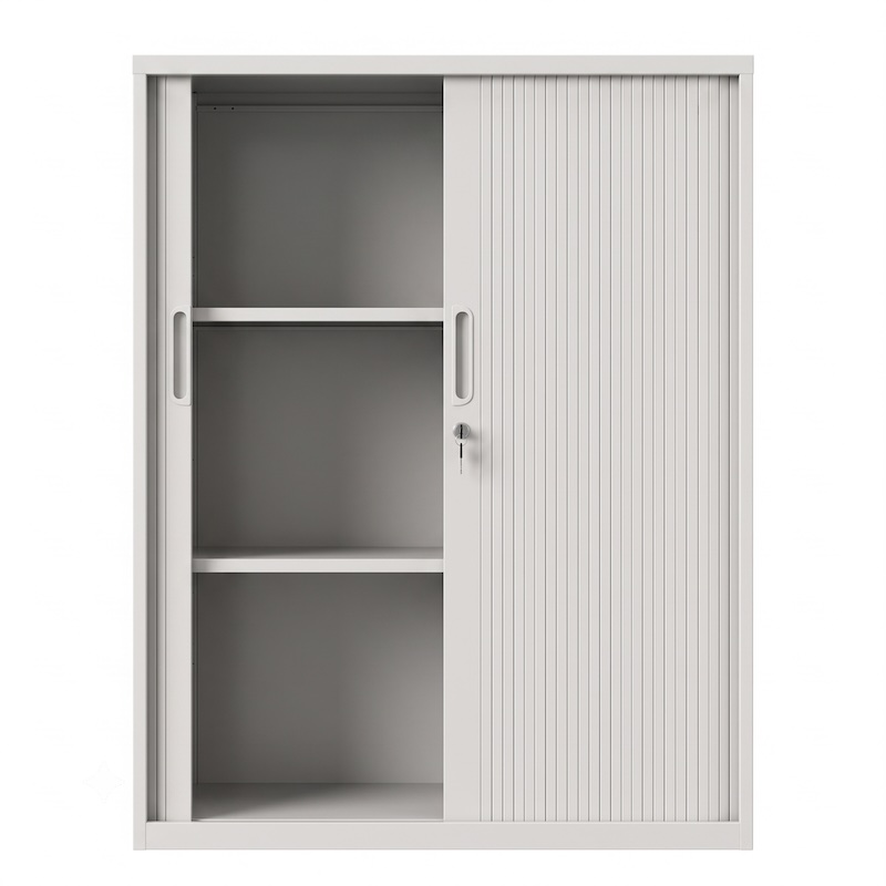 Interior view of a mid height 1200mm light grey steel tambour office cabinet with the right door open, revealing two evenly spaced adjustable shelves