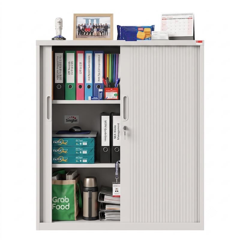 Front view of a mid height 1200mm light grey steel tambour office cabinet with both roller doors fully open, showing shelves organized with lever arch files, archive boxes, and general office supplies based on real-life usage