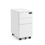White iSimply narrow pedestal with number lock fitting neatly under a modern office desk, showcasing its compact 300mm space-saving design and keyless combination dial.